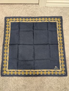 Burberrys Navy & Gold Logo Border Silk Scarf
